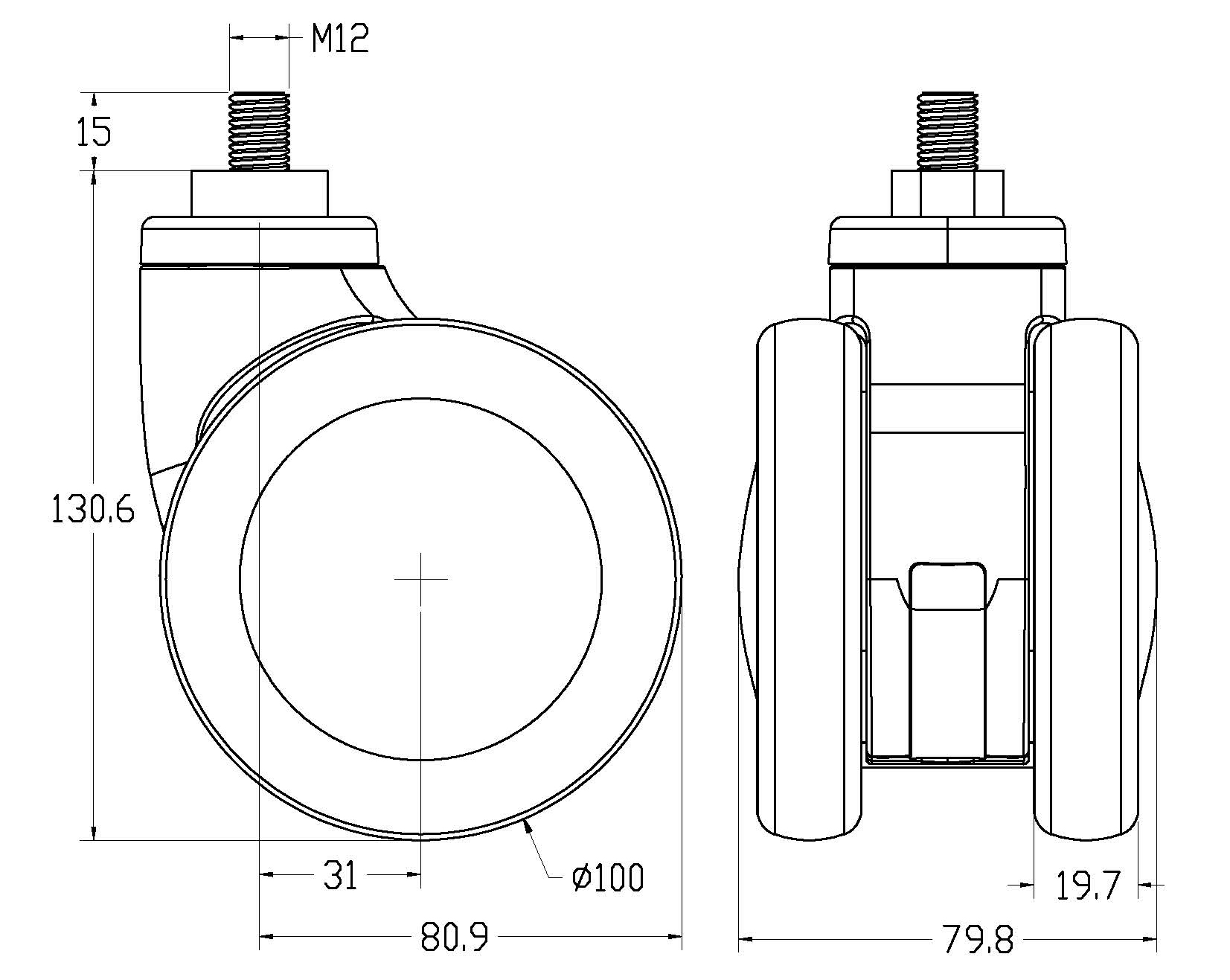 Roue jumelée silencieuse médicale MY-100B-062-M12X15-02
