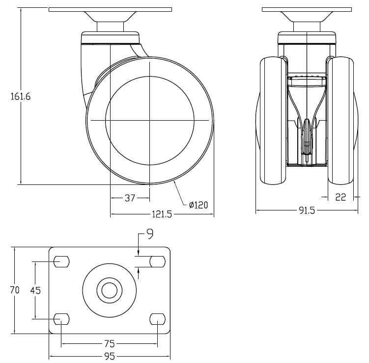 Roulette de lit pivotante pour plaque supérieure MY-120P-062B